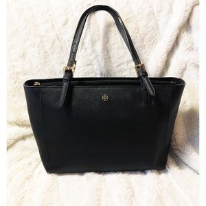 Tory Burch Black Small Leather Buckle Tote Bag